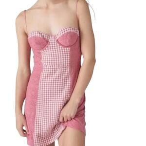 Urban Outfitters Dress Womens Small Pink Gingham Eyelet Bustier Mini Sundress